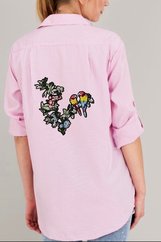 ANLYTA - Πουκάμισο Ροζ Ριγέ Oversized Με Κέντημα στη Πλάτη