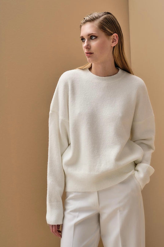 Tailor Made- Oversized Πουλόβερ Λαιμόκοψη Υπόλευκο