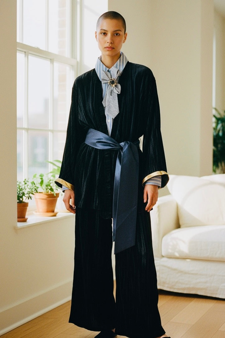 Charizma - Σετ Crushed Velvet με Ζώνη Σατέν & Φαρδιά Παντελόνα Μπλε