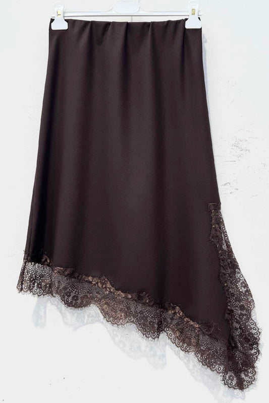 Charizma - Φούστα Σατέν Με Δαντέλα Και Σκίσιμο Καφέ
