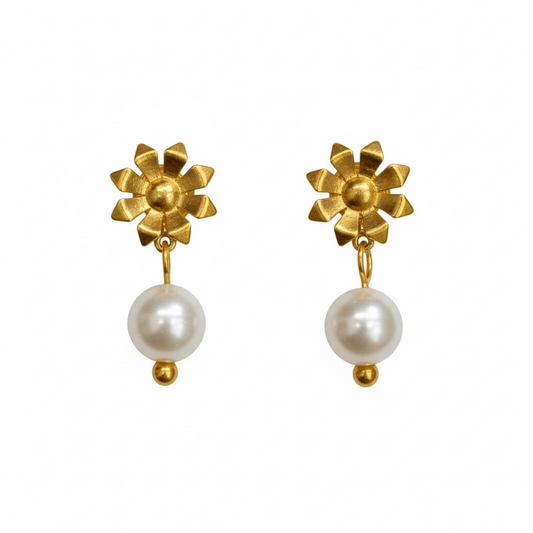 Pavlina Verouki - Flower Mini Ασημένια Σκουλαρίκια Λουλούδι & Μαργαριτάρι Χρυσό