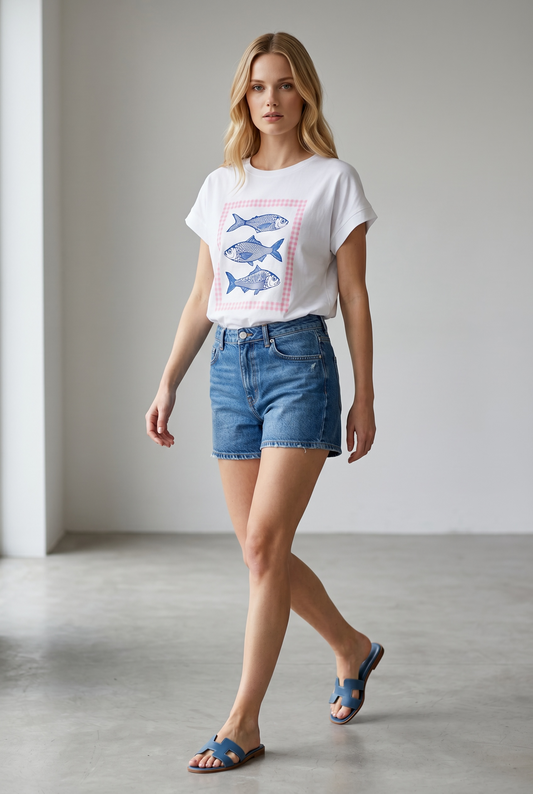 Charizma - Λευκό Μακό T-Shirt με Στάμπα Sardines