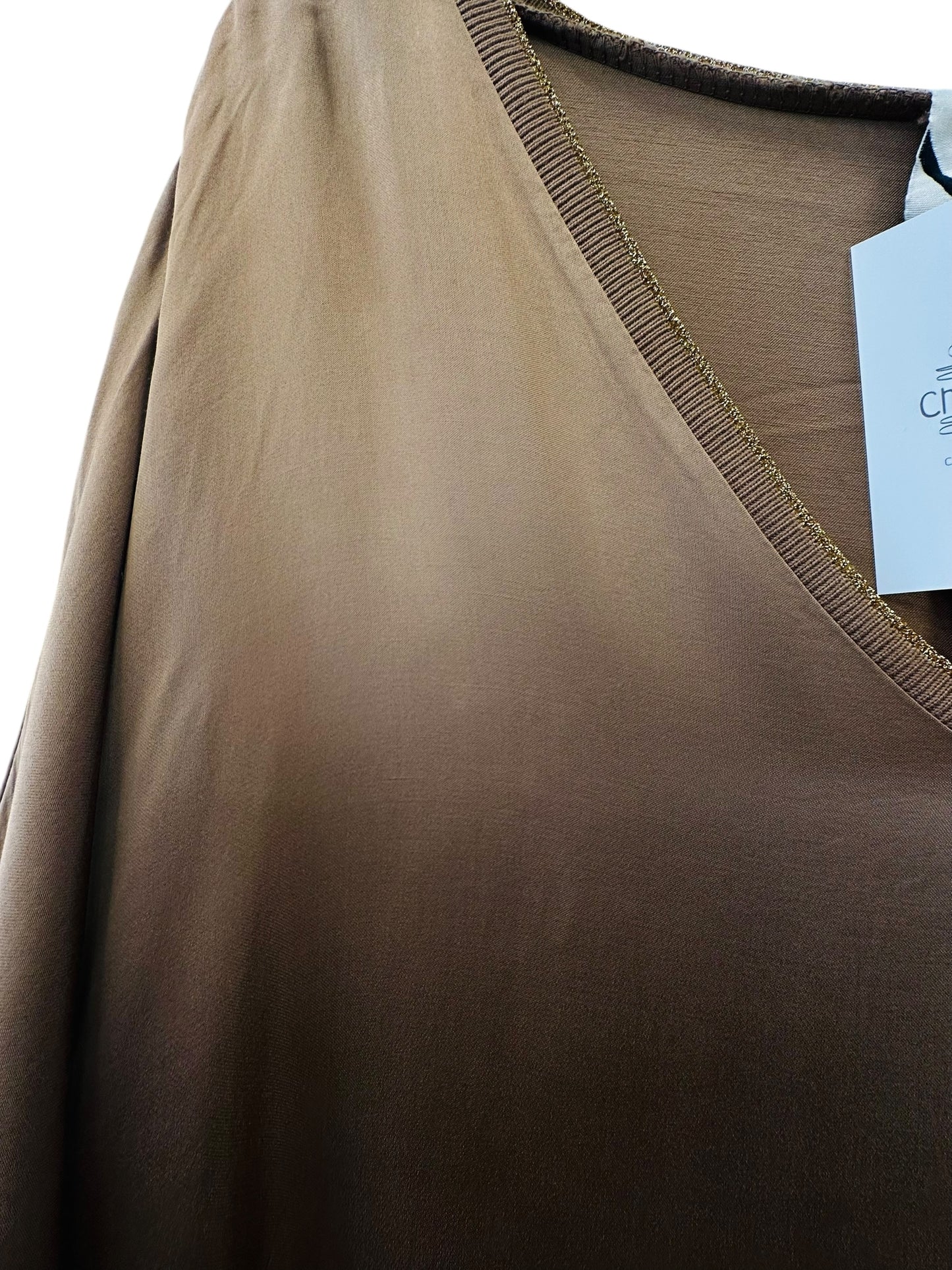 Σατέν Oversized Μακρύ Φόρεμα Με V  & Κοντό Μανίκι