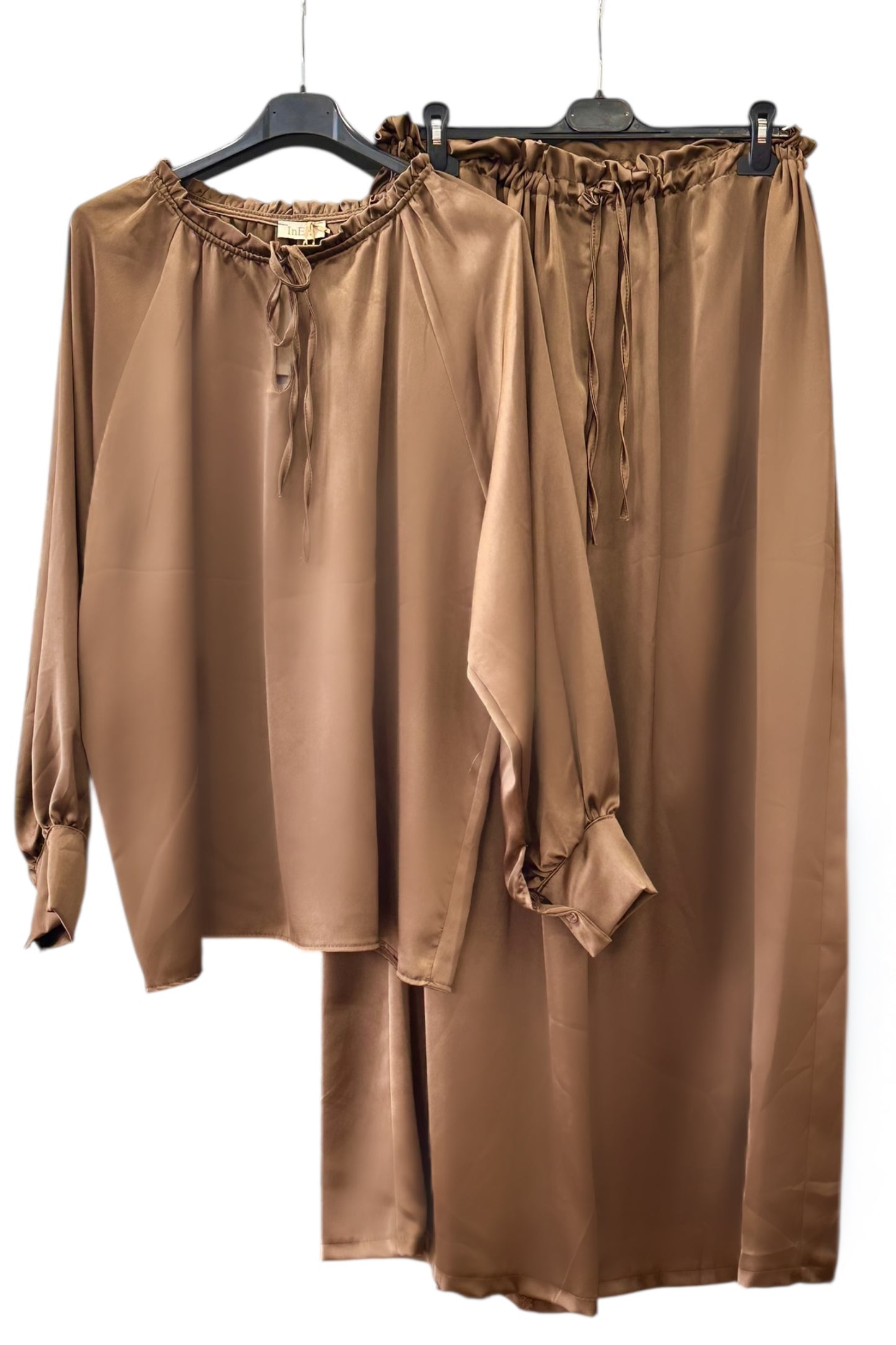 Charizma - Σετ Αέρινη Μπλουζα & Παντελόνα Σατέν Καφέ