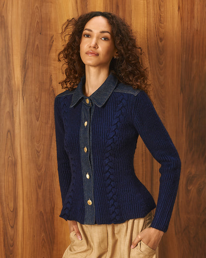 Tailor Made - Μπλε Πλεκτή Ζακέτα με Τζιν Γιακά & Κουμπιά Peplum Γραμμή