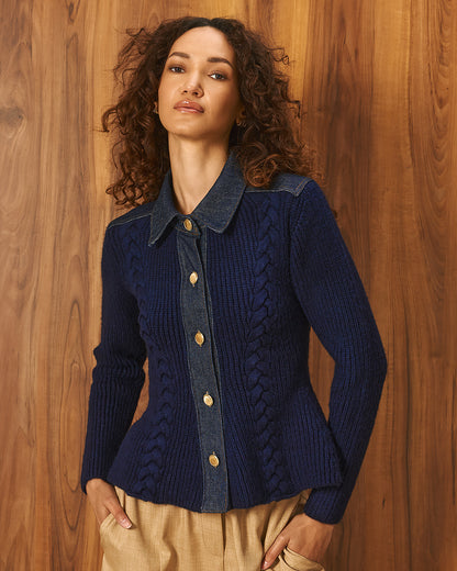 Tailor Made - Μπλε Πλεκτή Ζακέτα με Τζιν Γιακά & Κουμπιά Peplum Γραμμή