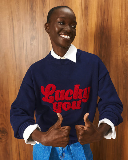 Tailor Made - Unisex Oversized Πλεκτό Πουλόβερ Navy Blue με Κέντημα “Lucky You”