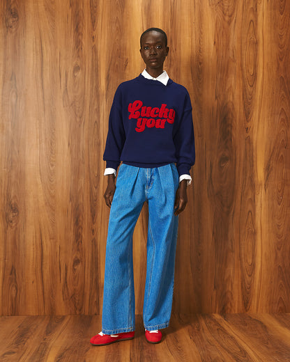 Tailor Made - Unisex Oversized Πλεκτό Πουλόβερ Navy Blue με Κέντημα “Lucky You”