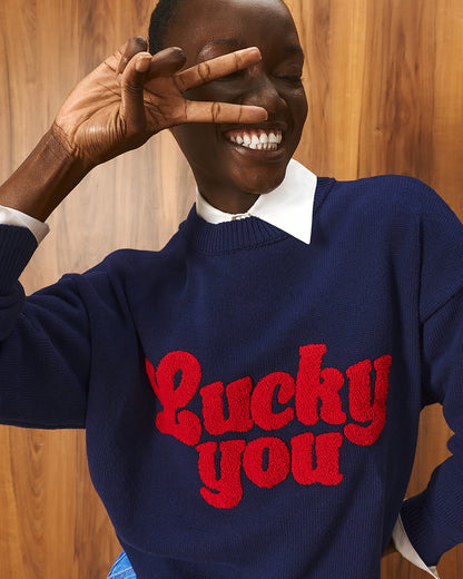 Tailor Made - Unisex Oversized Πλεκτό Πουλόβερ Navy Blue με Κέντημα “Lucky You”