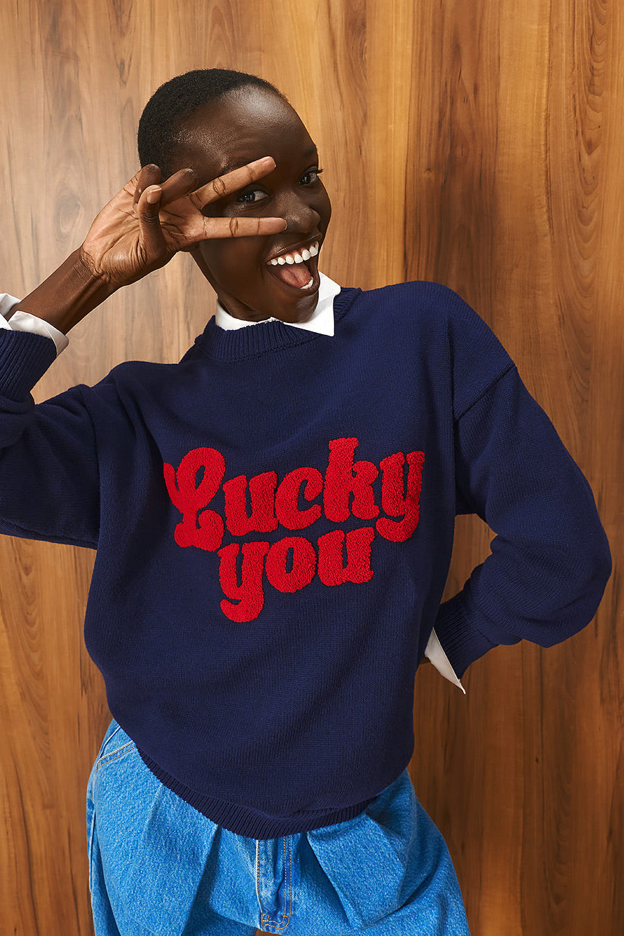 Tailor Made - Unisex Oversized Πλεκτό Πουλόβερ Navy Blue με Κέντημα “Lucky You”
