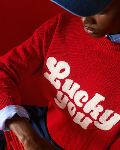 Tailor Made - Unisex Oversized Πλεκτό Πουλόβερ Κόκκινο με Κέντημα “Lucky You”
