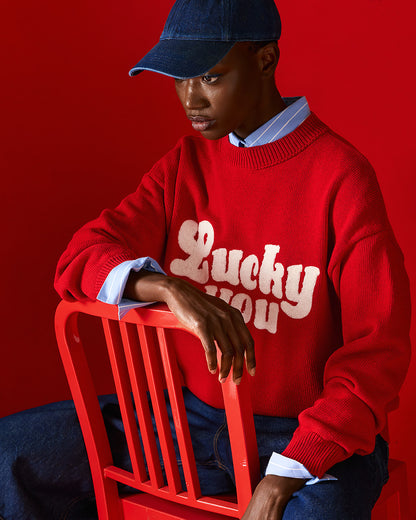Tailor Made - Unisex Oversized Πλεκτό Πουλόβερ Κόκκινο με Κέντημα “Lucky You”