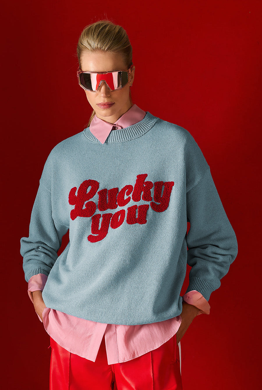 Tailor Made - Unisex Oversized Πλεκτό Πουλόβερ Sky Blue με Κέντημα “Lucky You”