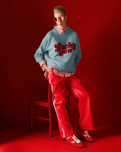 Tailor Made - Unisex Oversized Πλεκτό Πουλόβερ Sky Blue με Κέντημα “Lucky You”