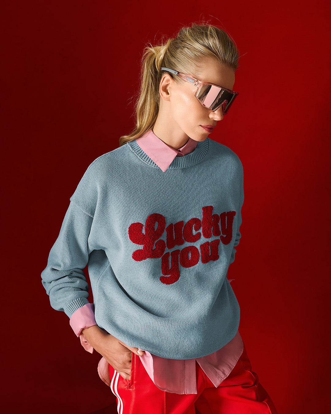 Tailor Made - Unisex Oversized Πλεκτό Πουλόβερ Sky Blue με Κέντημα “Lucky You”