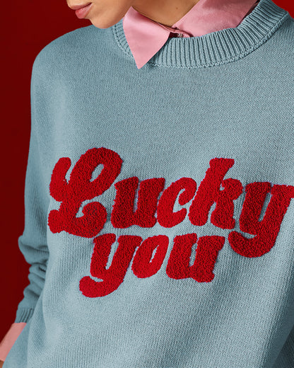Tailor Made - Unisex Oversized Πλεκτό Πουλόβερ Sky Blue με Κέντημα “Lucky You”