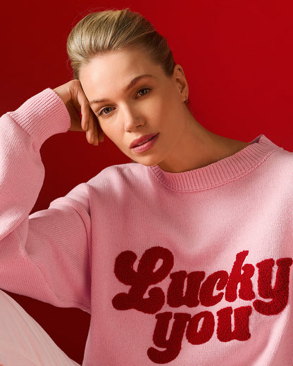 Tailor Made - Unisex Oversized Πλεκτό Πουλόβερ Ροζ με Κέντημα “Lucky You”