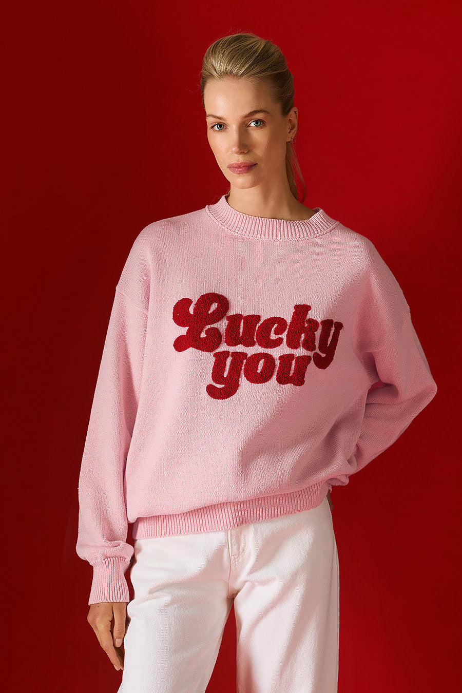 Tailor Made - Unisex Oversized Πλεκτό Πουλόβερ Ροζ με Κέντημα “Lucky You”