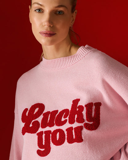 Tailor Made - Unisex Oversized Πλεκτό Πουλόβερ Ροζ με Κέντημα “Lucky You”