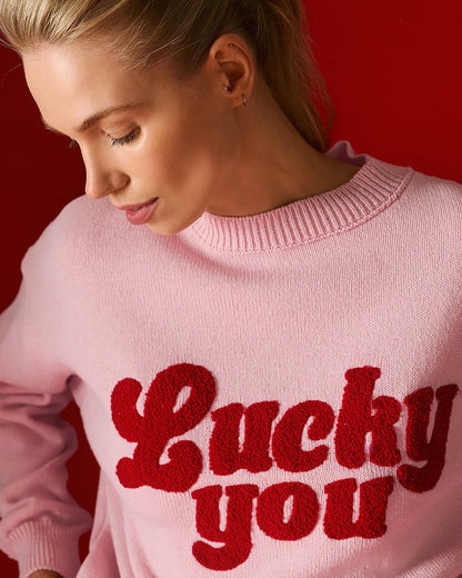 Tailor Made - Unisex Oversized Πλεκτό Πουλόβερ Ροζ με Κέντημα “Lucky You”