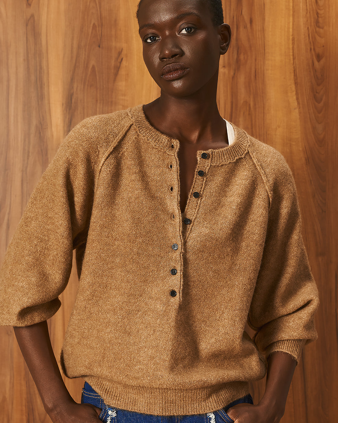 Tailor Made - Πλεκτό Πουλόβερ Camel Raglan με Πατιλέτα Κουμπιών