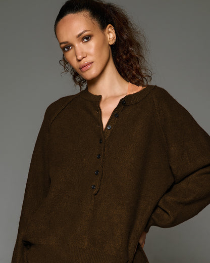 Tailor Made - Πλεκτό Πουλόβερ Καφέ Raglan με Πατιλέτα Κουμπιών