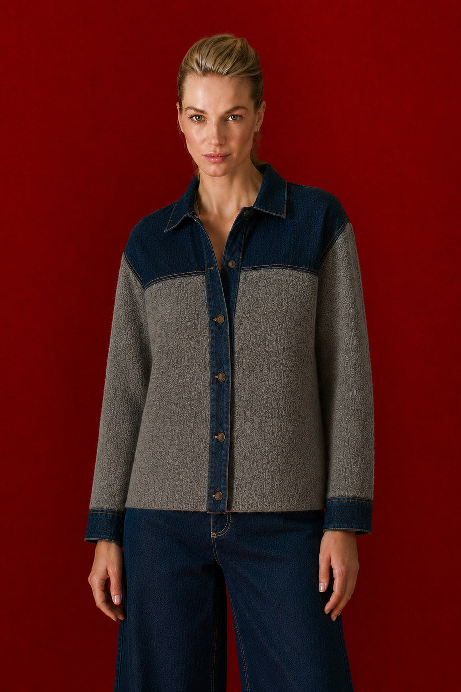 Tailor Made - Unisex Πλεκτή Ανθρακί Ζακέτα με Denim Λεπτομέρειες