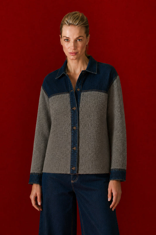 Tailor Made - Unisex Πλεκτή Ανθρακί Ζακέτα με Denim Λεπτομέρειες