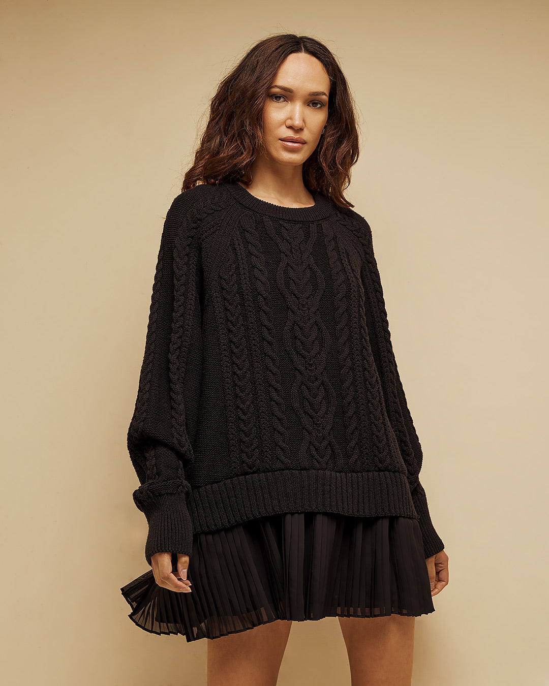Tailor Made - Oversized Πλεκτό Πουλόβερ με Πλεξούδες & Πλισέ Τελείωμα