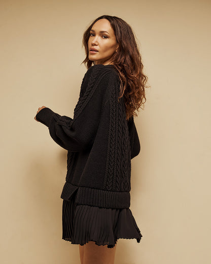 Tailor Made - Oversized Πλεκτό Πουλόβερ με Πλεξούδες & Πλισέ Τελείωμα