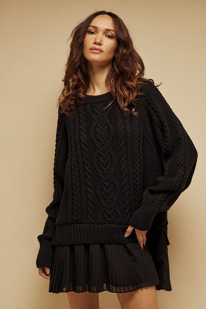 Tailor Made - Oversized Πλεκτό Πουλόβερ με Πλεξούδες & Πλισέ Τελείωμα