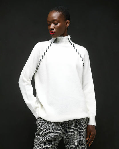 Tailor Made - Πλεκτό Off White Πουλόβερ με Ψηλό Γιακά & Χειροποίητη Διακοσμητική Ραφή