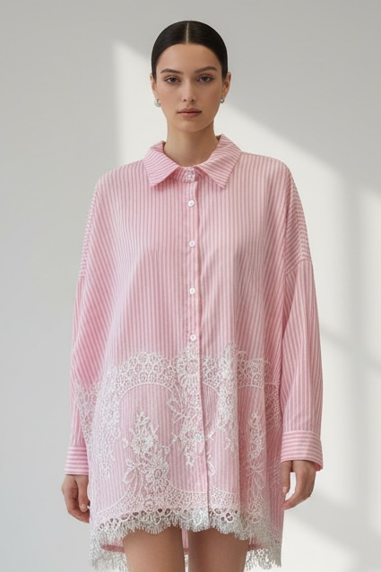Charizma - Ροζ Oversized Ριγέ Πουκάμισο με Λευκή Δαντέλα