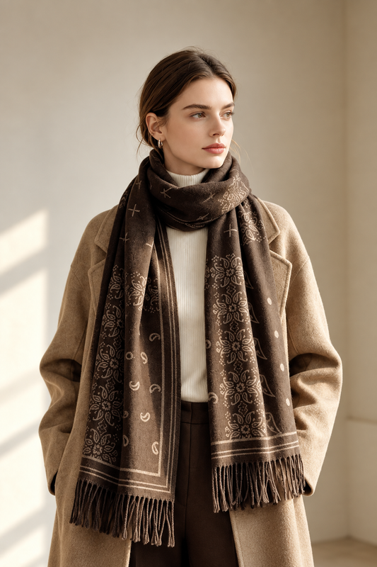 Victoria - Γυναικείο Καφέ Κασκόλ Cashmere Feel με Paisley Σχέδιο και Κρόσσια