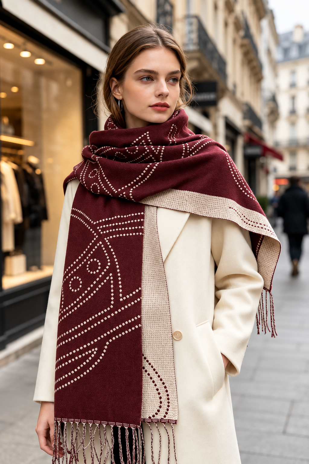 Victoria - Γυναικείο Burgundy Κασκόλ Cashmere Feel με Μοτίβο Πλανήτες και Κρόσσια