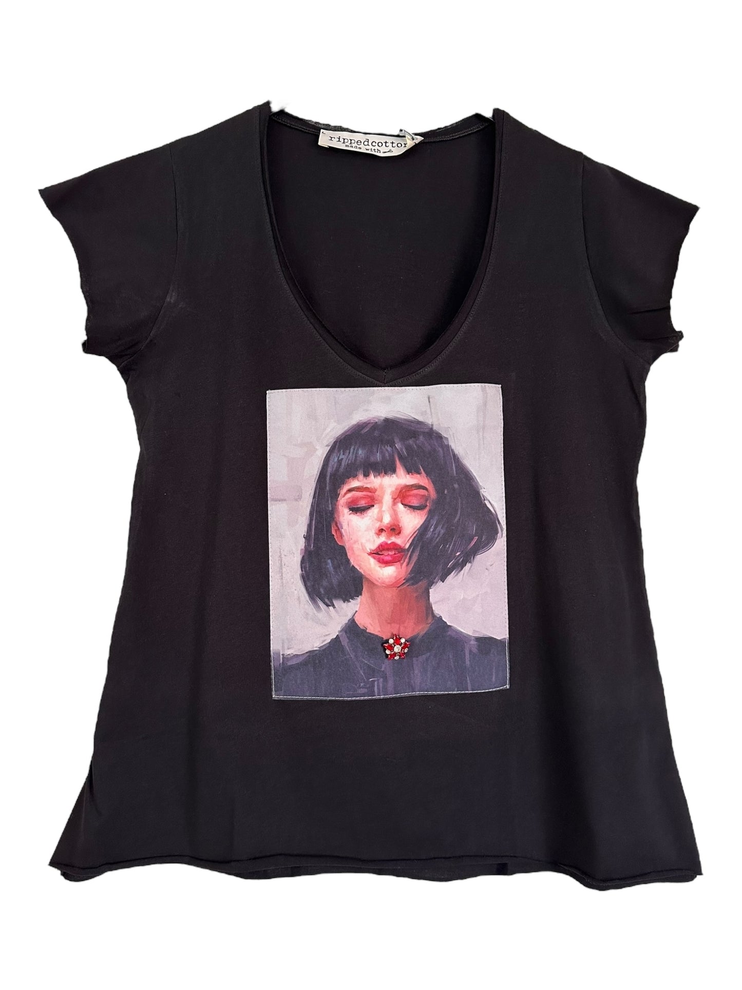 Ripped cotton T-shirt Μαύρο Βαμβακερό Με Εξώραφη Στάμπα Sweet Sofi