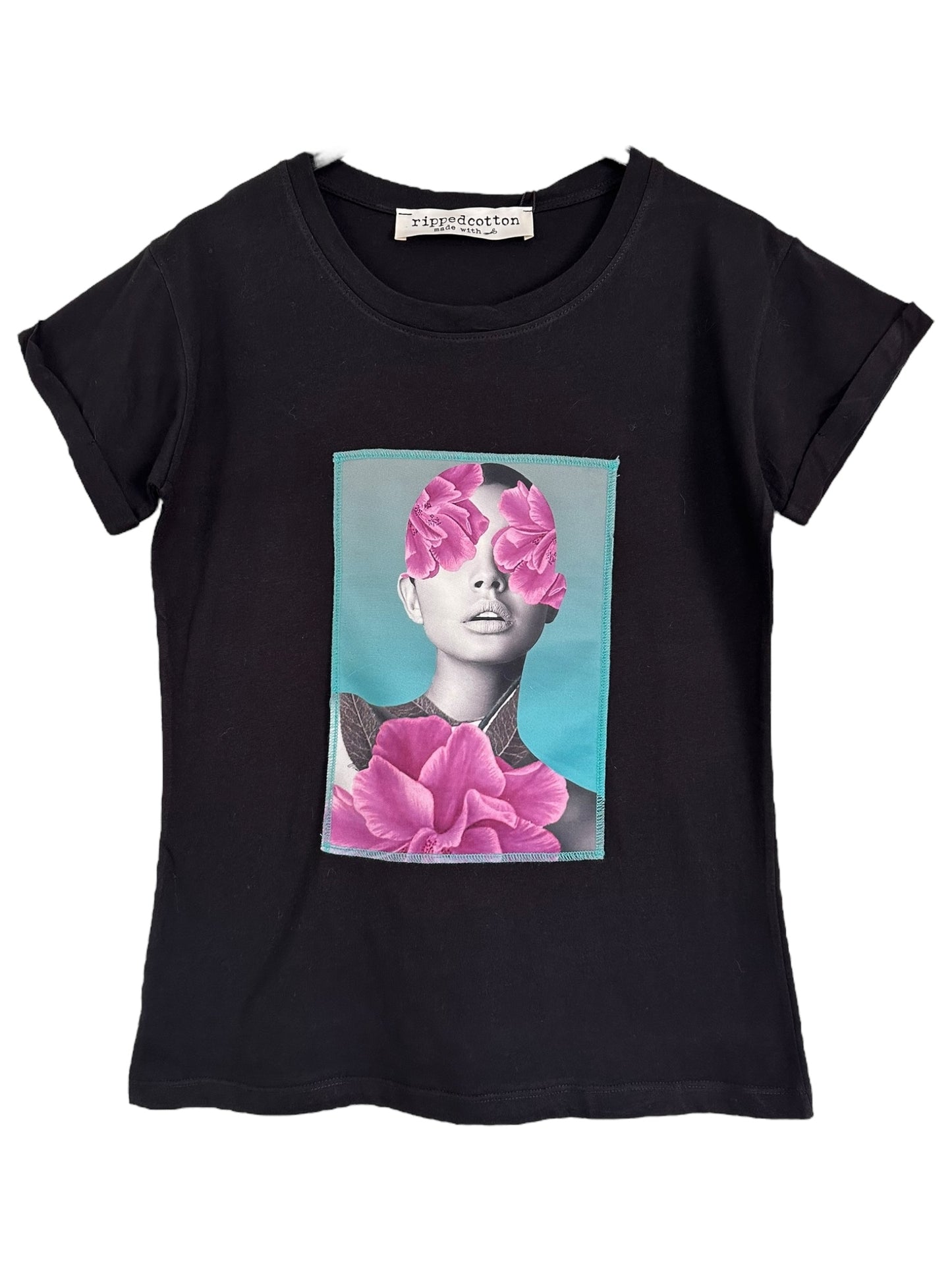 Ripped cotton T-shirt Μαύρο Βαμβακερό Με Εξώραφη Στάμπα Purple Flowers