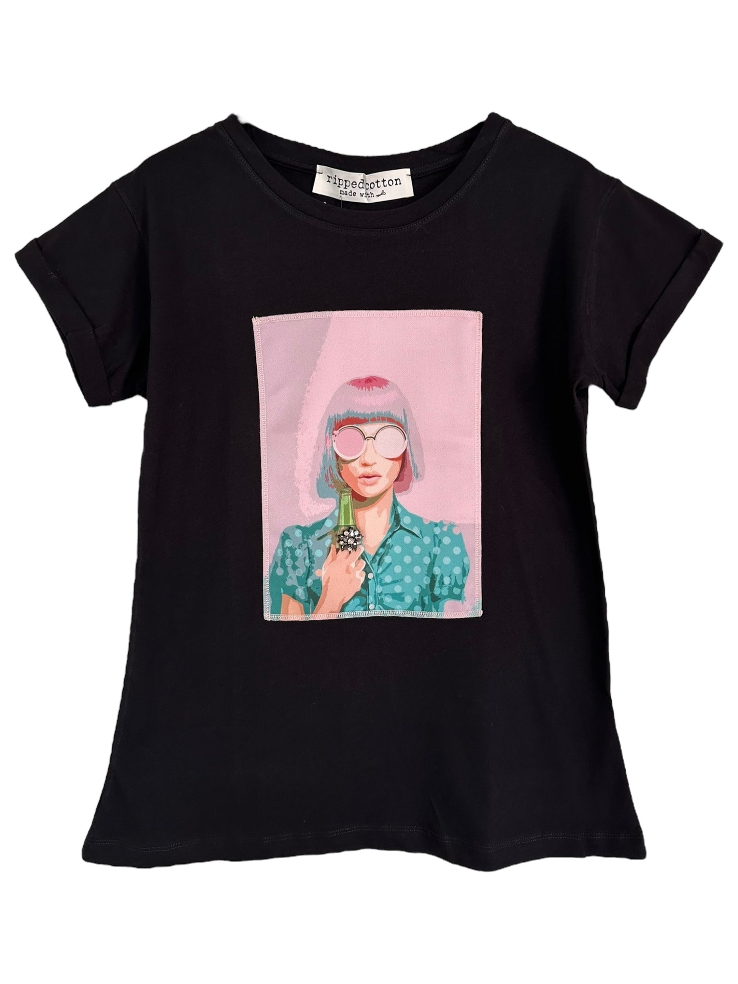 Ripped cotton T-shirt Μαύρο Βαμβακερό Με Εξώραφη Στάμπα Beer Lady