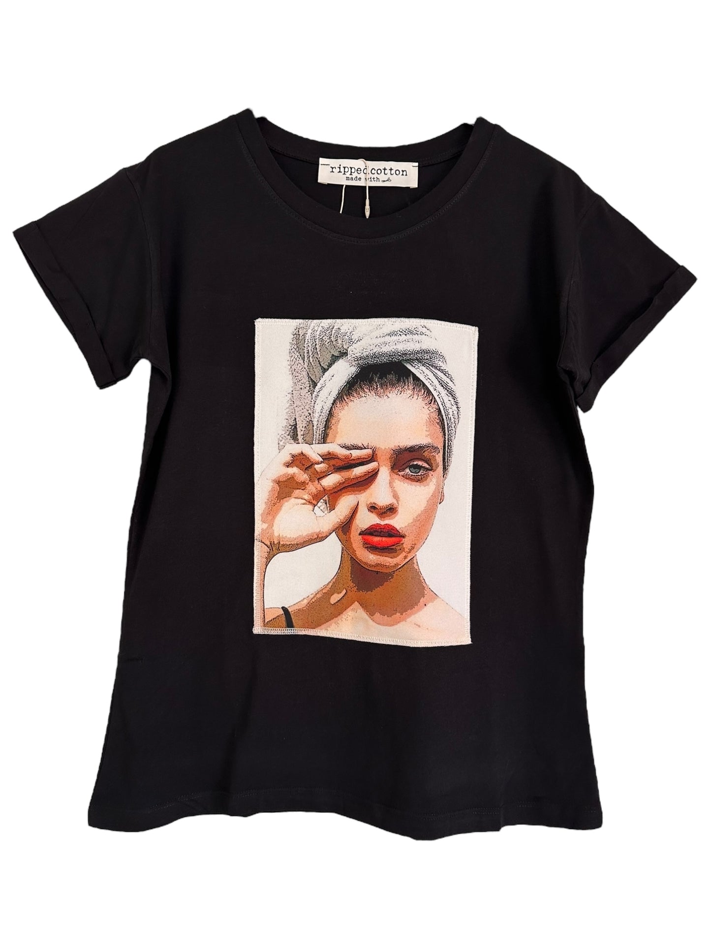 Ripped cotton T-shirt Μαύρο Βαμβακερό Με Εξώραφη Στάμπα Shower Girl