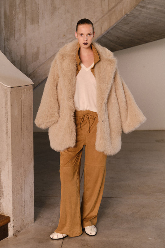 Lumina - Ψηλόμεσο Παντελόνι Τύπου Σουέτ Με Λάστιχο σε Καμηλό Χρώμα