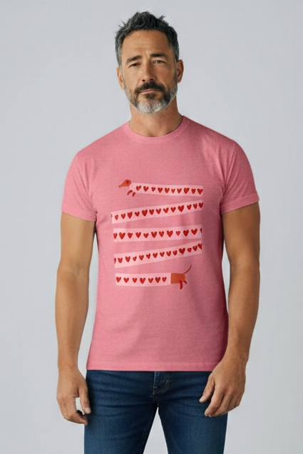 Charizma - Unisex Βαμβακερό Ροζ Μακό T-Shirt Oversized με Στάμπα Σκυλάκι Καρδιές