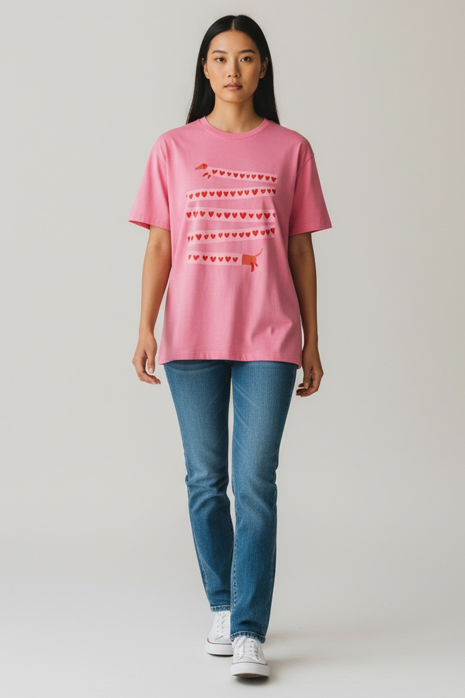 Charizma - Unisex Βαμβακερό Ροζ Μακό T-Shirt Oversized με Στάμπα Σκυλάκι Καρδιές