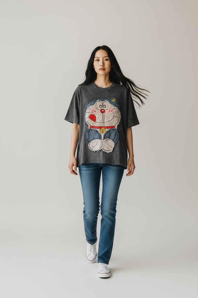 Charizma - Γκρι Oversized Unisex Βαμβακερό T-Shirt Μακό Απλικαρισμένο σχέδιο Doraemon