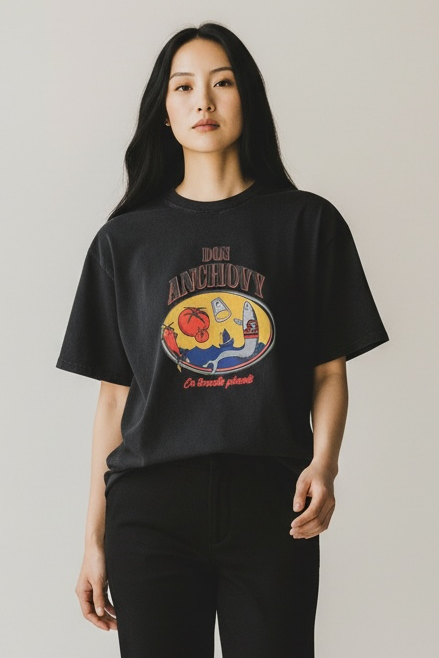 Charizma - Unisex Βαμβακερό Μαύρο Μακό T-Shirt Oversized με Στάμπα Don Anchovy