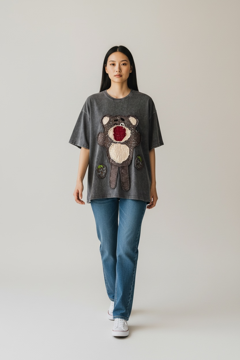 Charizma - Γκρι Oversized Unisex Βαμβακερό T-Shirt Μακό Απλικαρισμένο σχέδιο Lotso