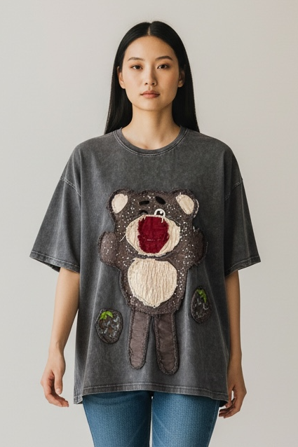 Charizma - Γκρι Oversized Unisex Βαμβακερό T-Shirt Μακό Απλικαρισμένο σχέδιο Lotso