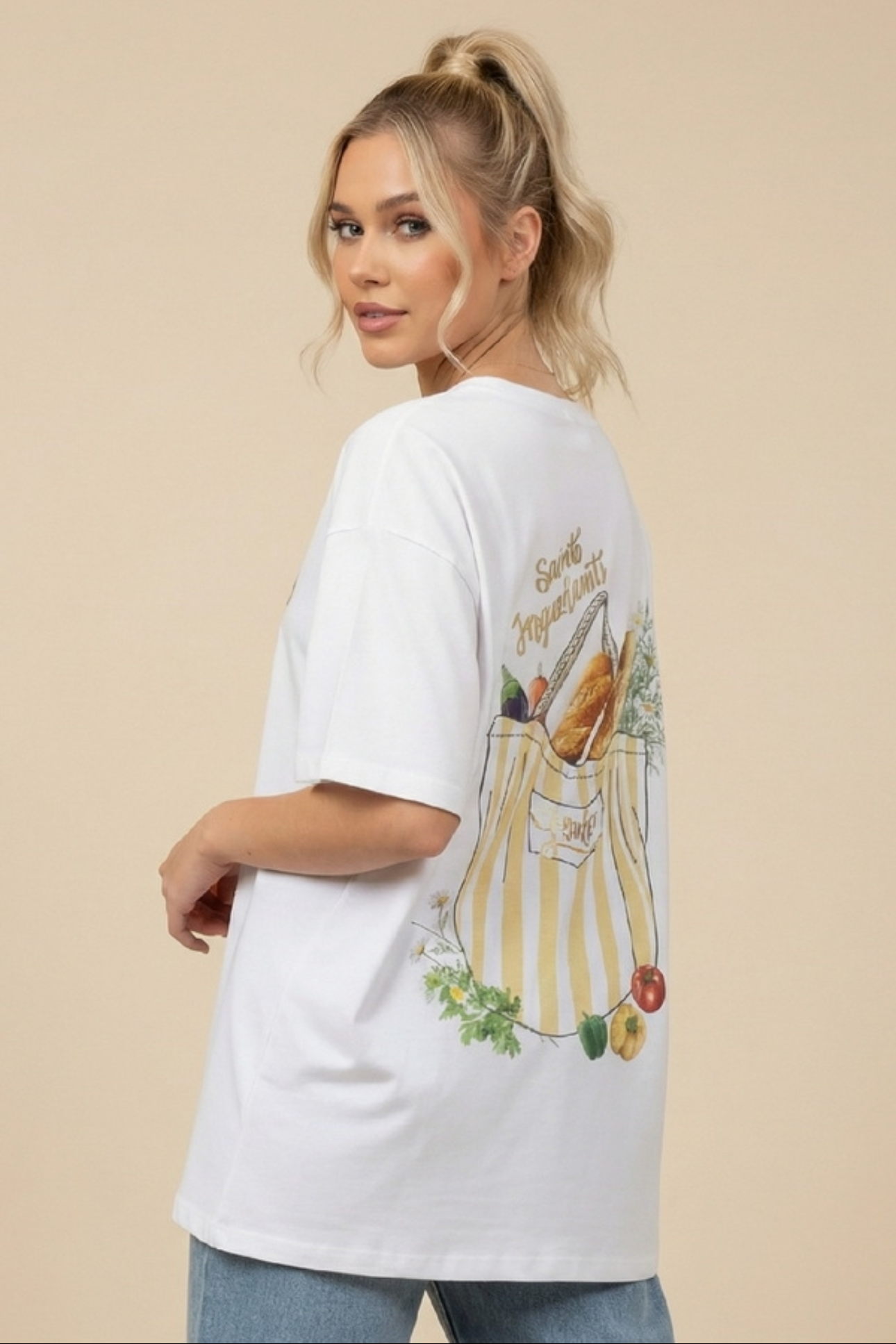 Unitee - Λευκό Μακό T-Shirt με Στάμπα «Bag & Baguette»