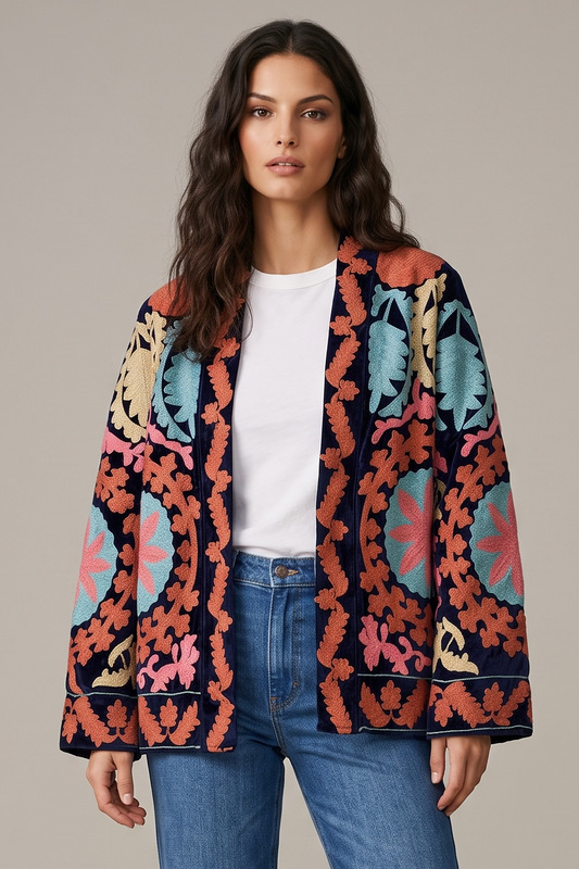 Charizma - Βελούδινο Κεντητό Jacket με Πολύχρωμα Floral Μοτίβα