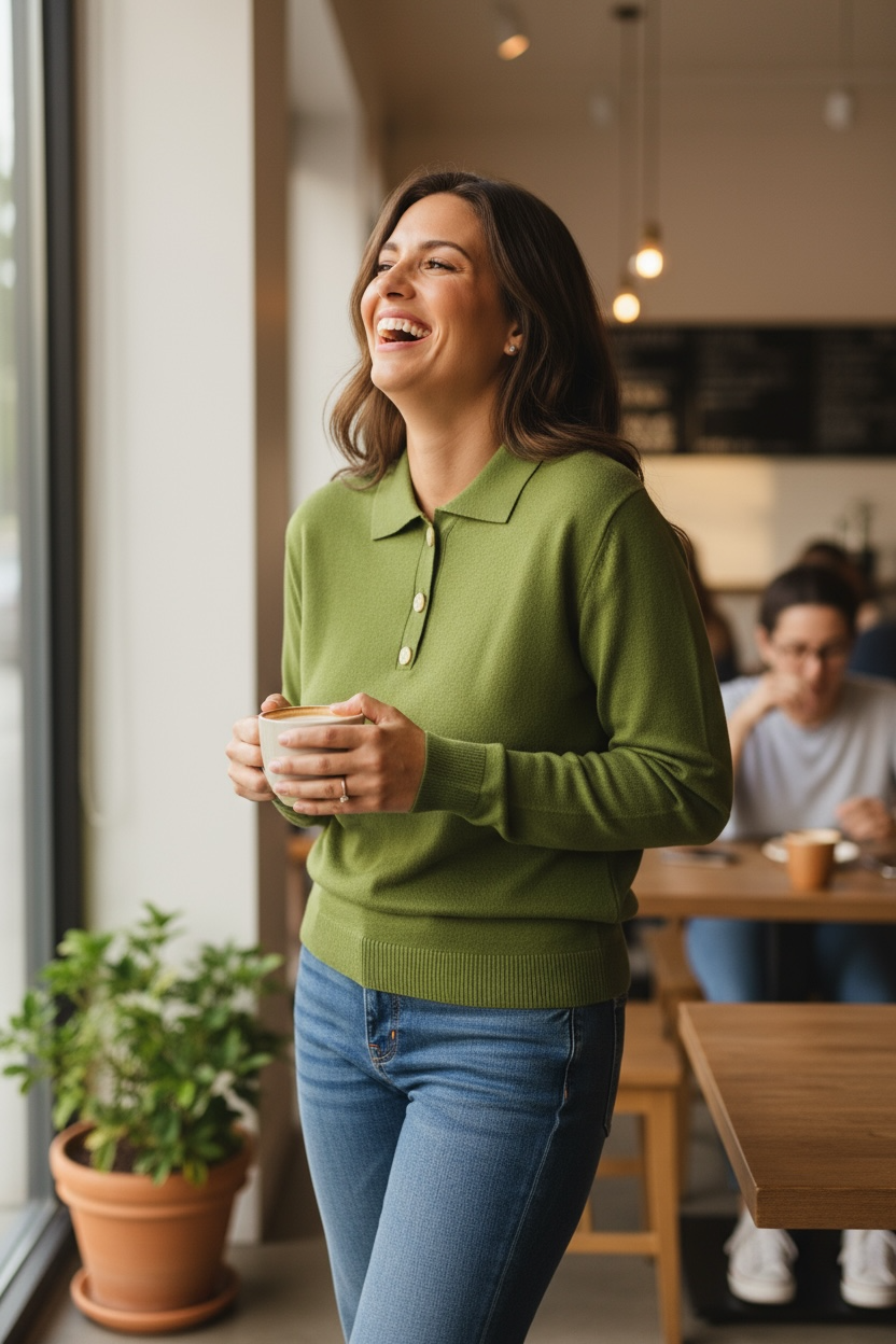 Figaro - Πράσινο Πουλόβερ με Πόλο Γιακά & Στρας Κουμπάκια