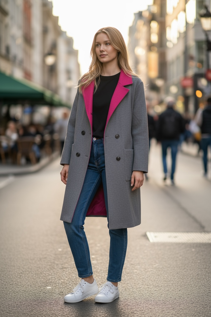 Orlinn - Ζακέτα Midi με Διπλή Απόχρωση στο Πέτο & Διακοσμητικά Χρυσά Κουμπιά Γκρι